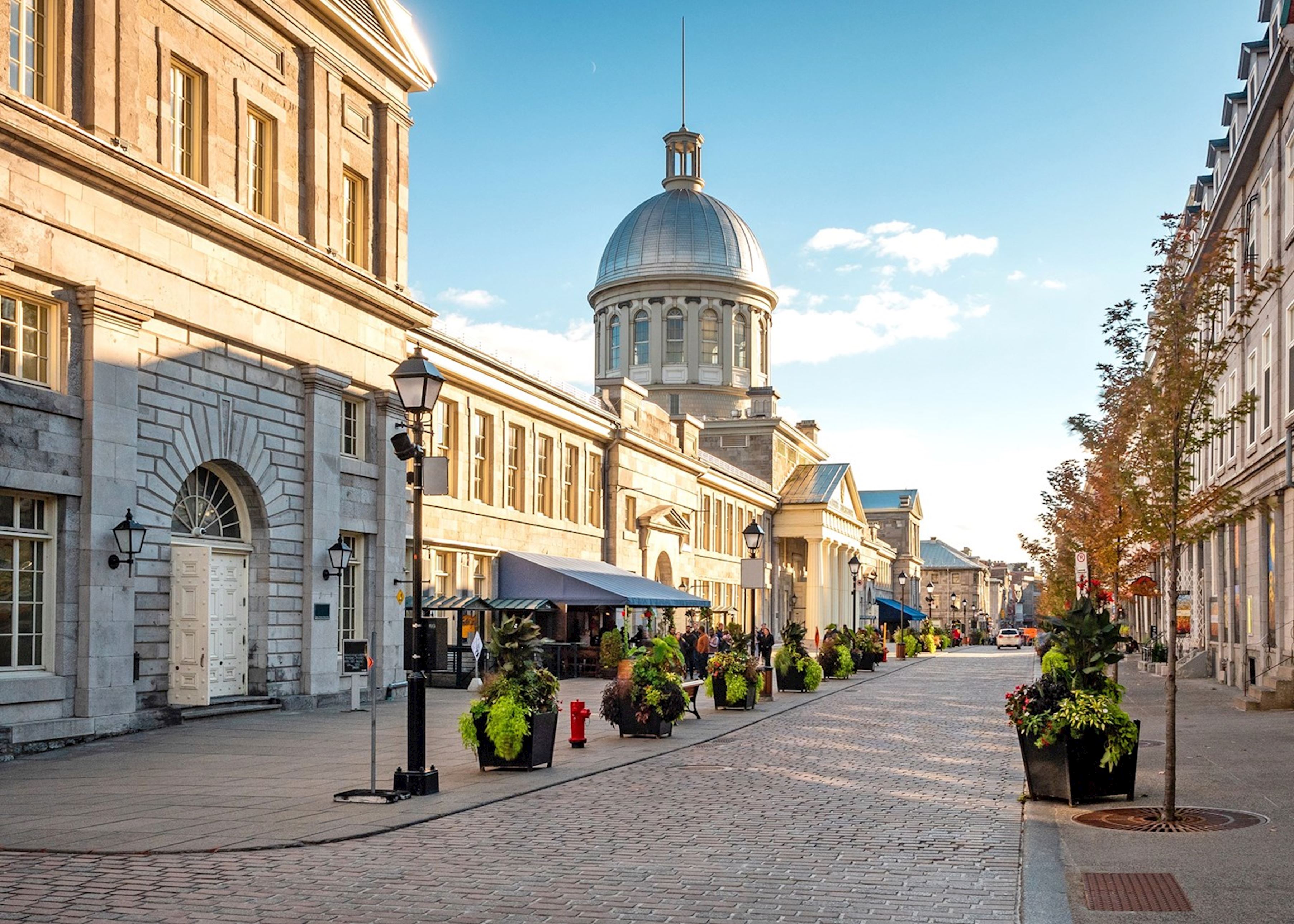 Marché Bonsecours silver dome above rue Saint-Paul's cobblestones in golden light